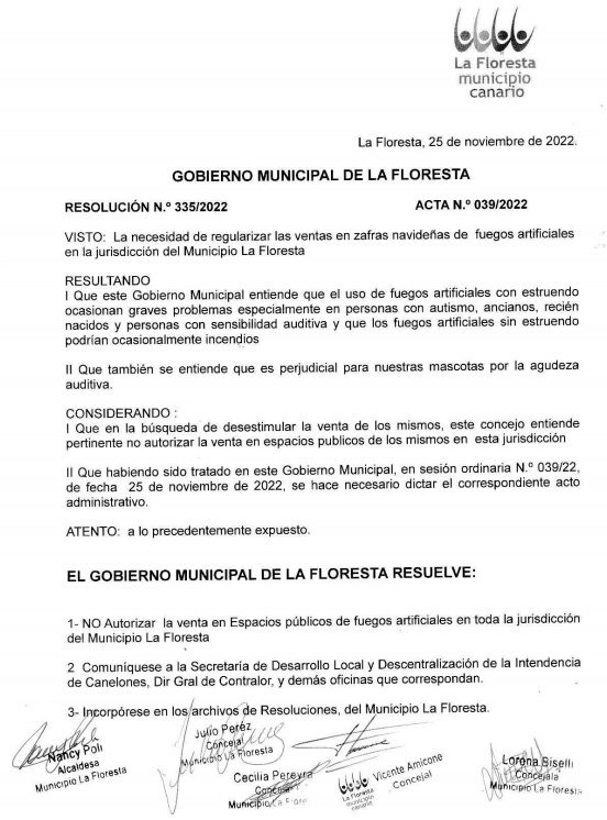 Resolución N.º 335/2022 de Acta 039/2022 sesión ordinaria del Concejo Municipal La Floresta.