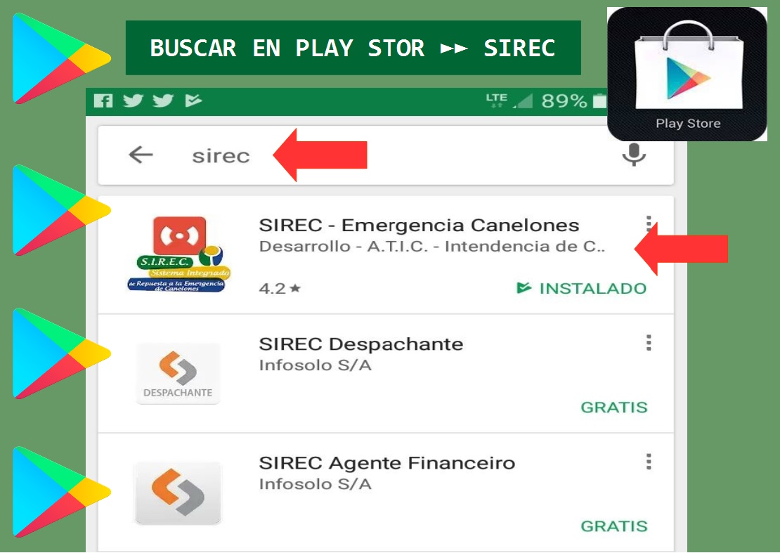 Para buscar la app, debe escribir SIREC en play store, como se indica en la imagen.